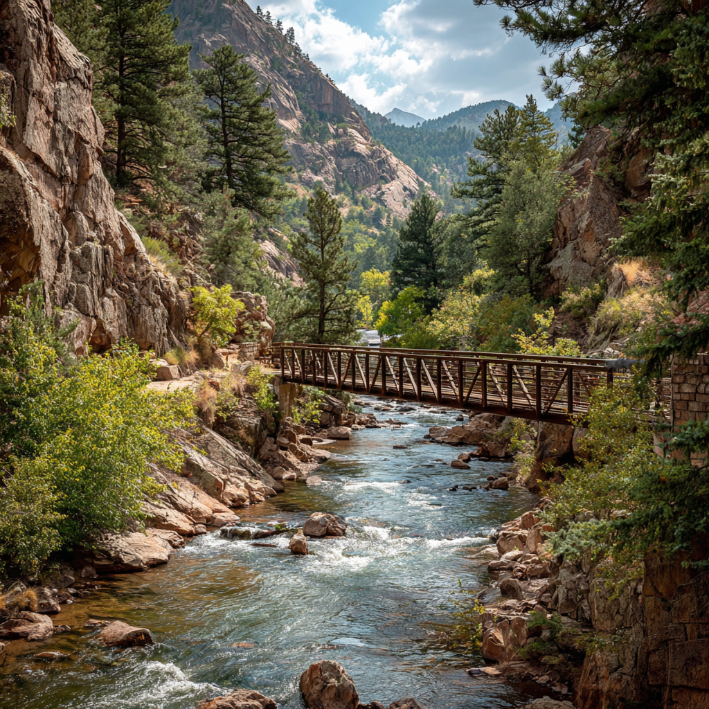 A scenic wooden bridge crossing a mountain creek in Colorado — representing Scheele Property Management's commitment to building bridges with tenants